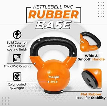 Vinyl Coated Kettlebell with Protective Rubber Base, Strength Training Kettlebells for Weightlifting, Conditioning, Strength & Core Training